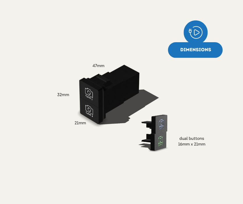AutoChimp™ 32mm Camera 1 & 2 Switch for Toyota |  Blue & Green LED Dimensions & Sizing